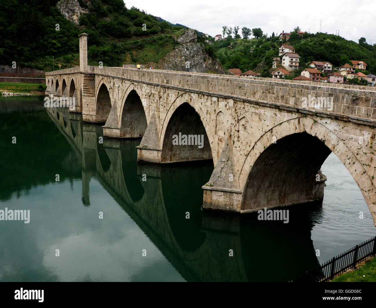 Bridge over the Drina immortalised in the 1945 novel of the same name by Ivo Andric in Visegrad, Bosnia Herzogovina Stock Photo