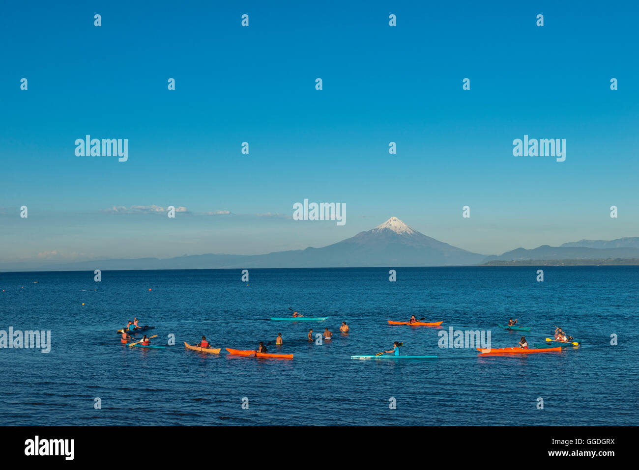 South America, Chile, Lake District, Patagonia, Puerto Varas, Osorno volcano, Lago Llanquihue Stock Photo