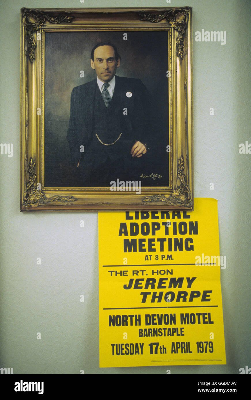 Jeremy Thorpe MP 1970s 'Thorpe works for us' his election slogan. Jeremy Thorpe a British politician who served as the Member of Parliament for North Devon from 1959 to 1979 on the election campaign trail in his North Devon constituency meeting and greeting. He lost his liberal parliamentary seat in thats years general election. Devon, England circa April 1979. Barnstable Devon UK HOMER SYKES Stock Photo