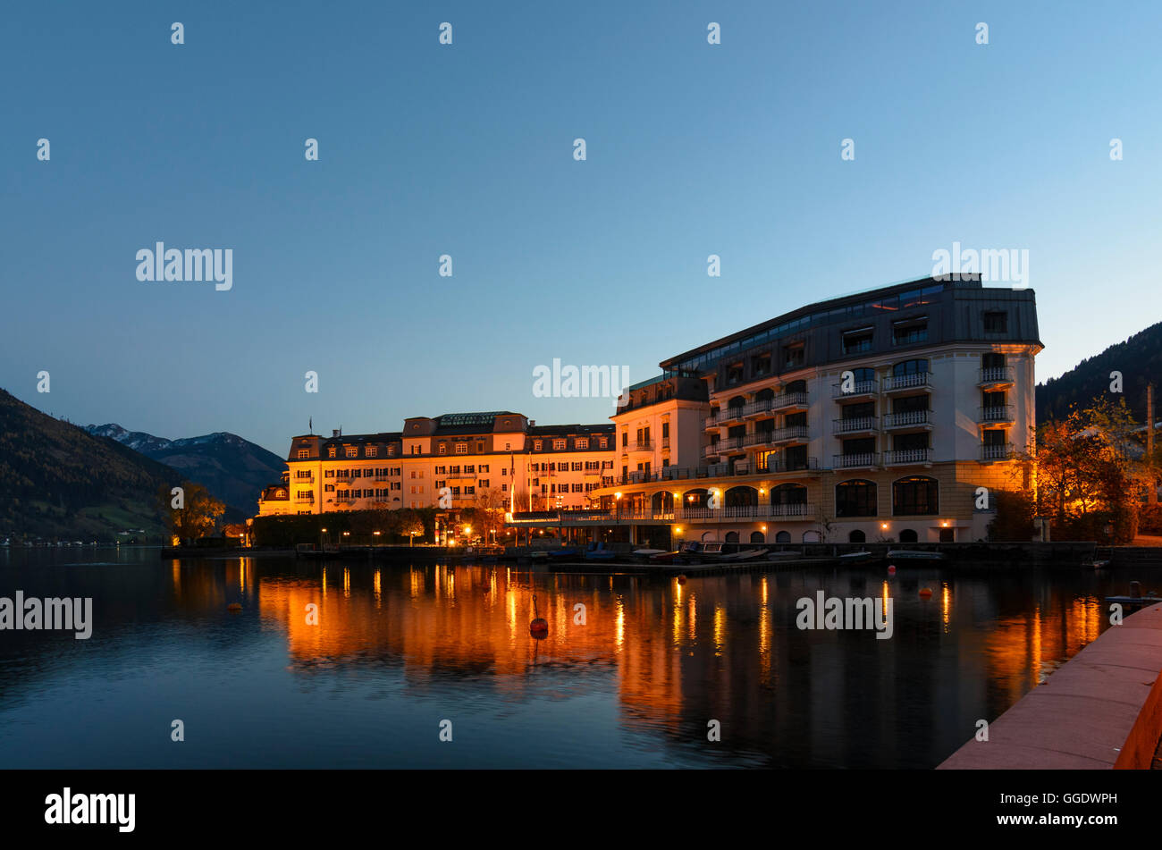 Zell am See: Grand Hotel at lake Zeller See, Austria, Salzburg, Pinzgau Stock Photo