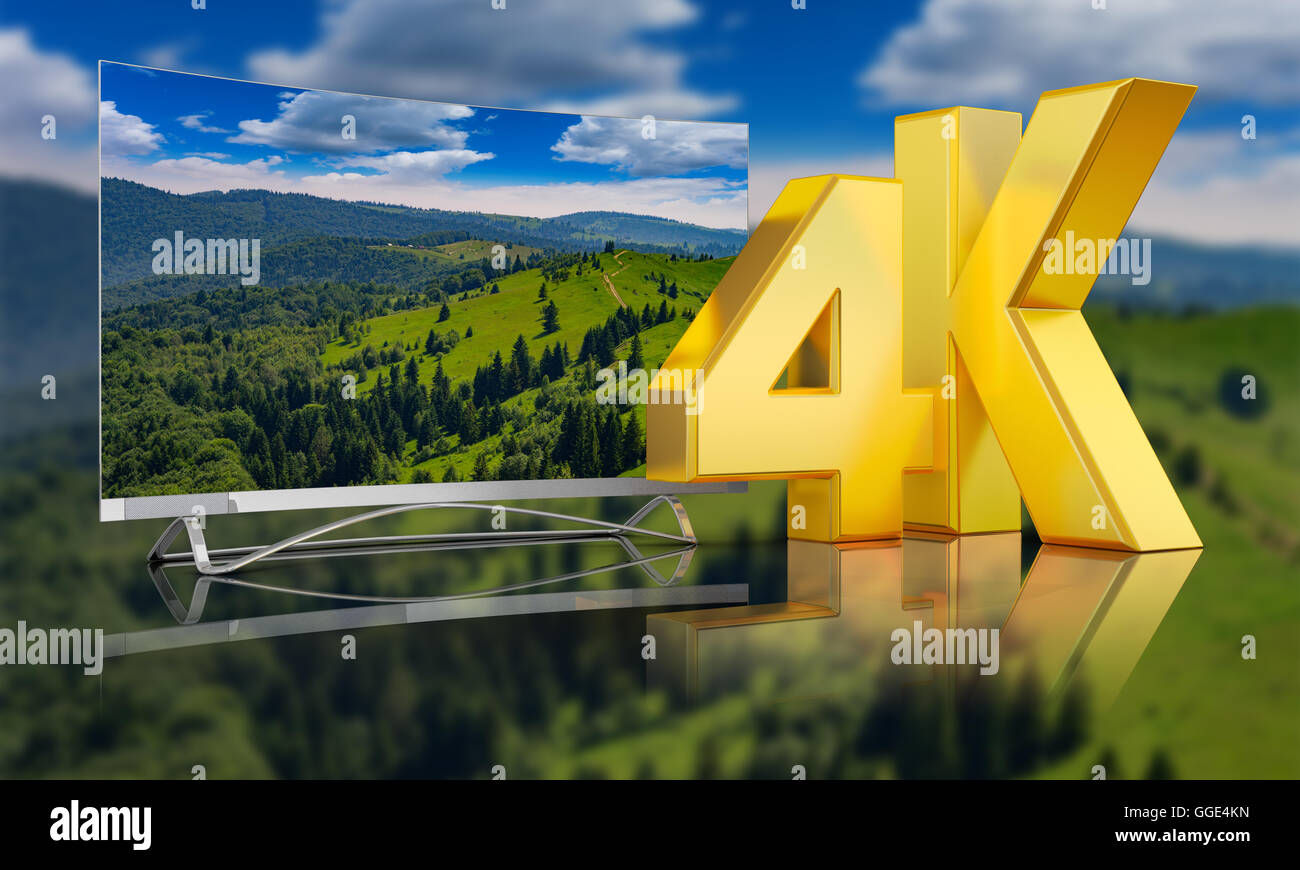 Ultra HD TV with a view of the mountains, 3D render. Stock Photo