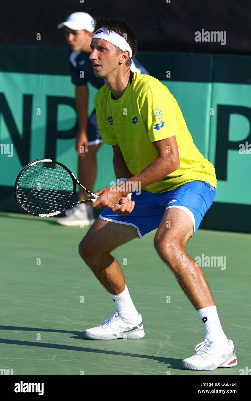 KYIV, UKRAINE - JULY 15, 2016: Sergiy STAKHOVSKY of Ukraine in action during BNP Paribas Davis Cup Europe/Africa Zone Group I game against Gerald MELZER of Austria at Campa Bucha Tennis Club in Kyiv Stock Photo