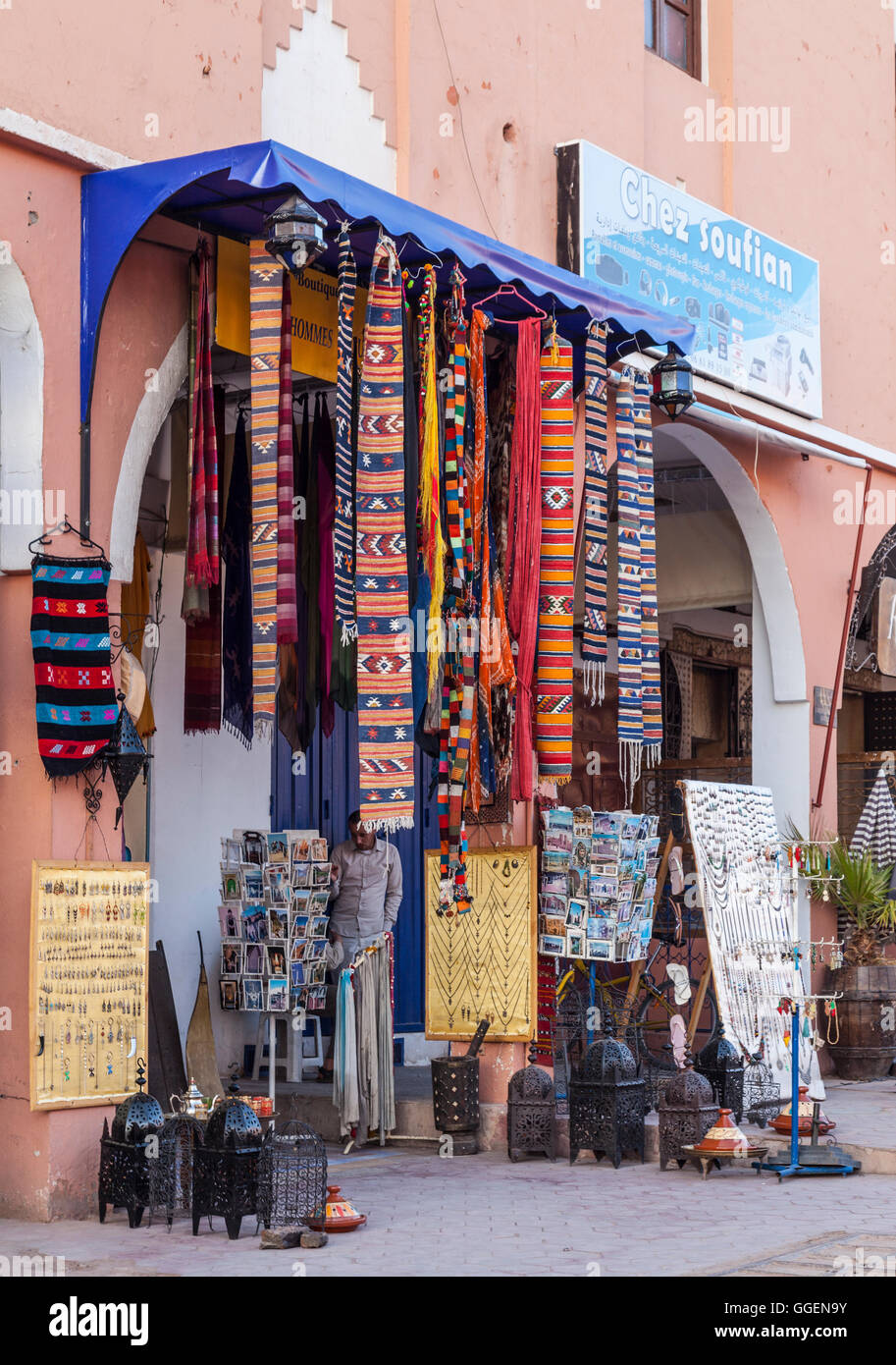 A souvenir shop in Ouarzazate, Morocco, selling textiles, Moroccan
