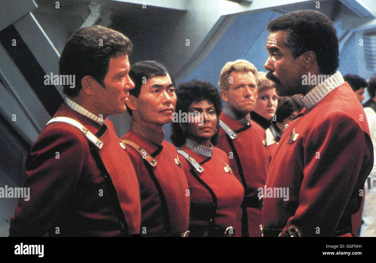 STAR TREK III - AUF DER SUCHE NACH MR. SPOCK / Star Trek III - The Search for Spock USA 1984 / Leonard Nimoy Szene mit WILLIAM SHATNER (Kirk), GEORGE TAKEI (Sulu), NICHELLE NICHOLS (Uhura), PAUL WINFIELD (Terrell) aus 'Star Trek III - Auf der Suche nach Mr. Spock', 1984./ Regie: Leonard Nimoy aka. Star Trek III - The Search for Spock Stock Photo