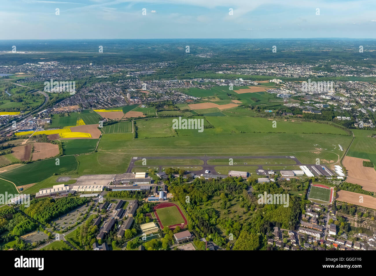 Aerial view, overview of the commercial airport Bonn-Hangelar, international identifier EDKB, Bonn, Rhine country, Stock Photo