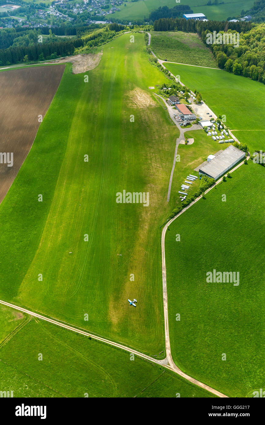 Aerial view, aerodrome, airfield, gliding terrain Bergneustadt on the Dümpel, Aerial view of Drolshagen, Sauerland, Stock Photo