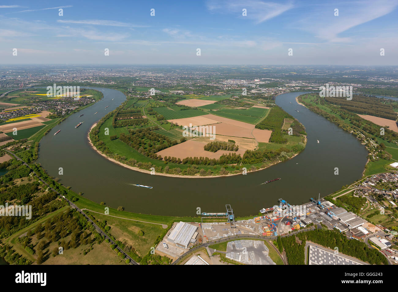 Aerial view, sky spirit Rheinbogen, floodplains, Luftbildaufnahme, Areas of Dusseldorf, fisheye image, Camping, Europe, Aerial Stock Photo