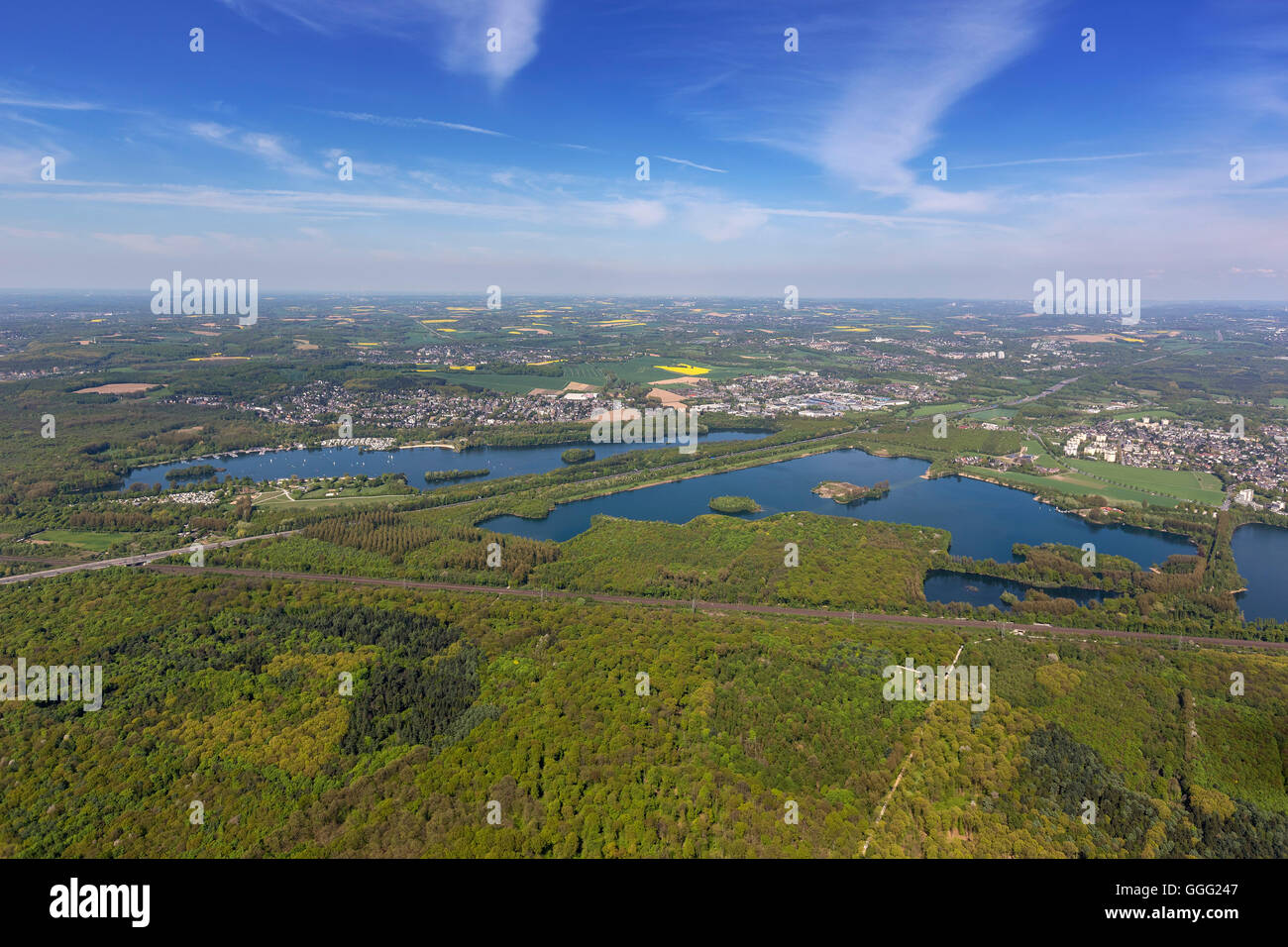 Aerial view, Lake Unterbach, Elbsee, Unterbach, Luftbildaufnahme, Areas of Dusseldorf, Camping, Europe, Aerial view, Stock Photo
