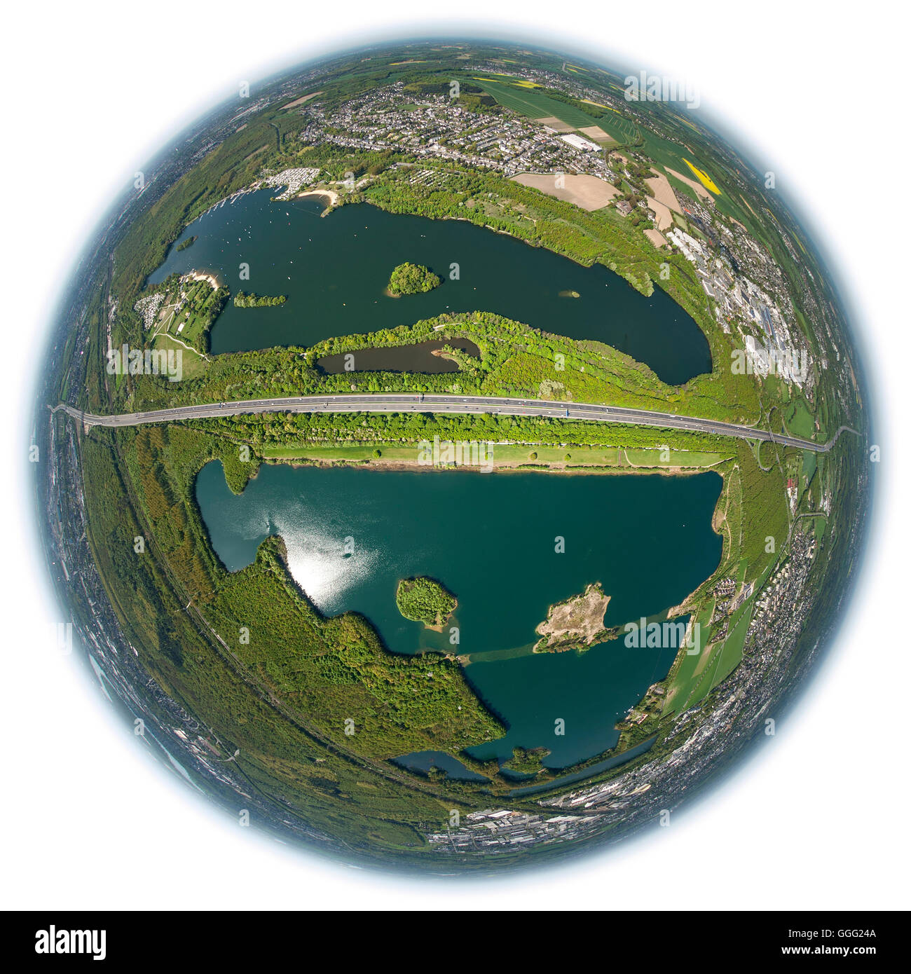 Aerial view, Elbsee, Lake Unterbach, Unterbach, Luftbildaufnahme, Areas of Dusseldorf, fisheye image, Camping, Europe, Aerial Stock Photo