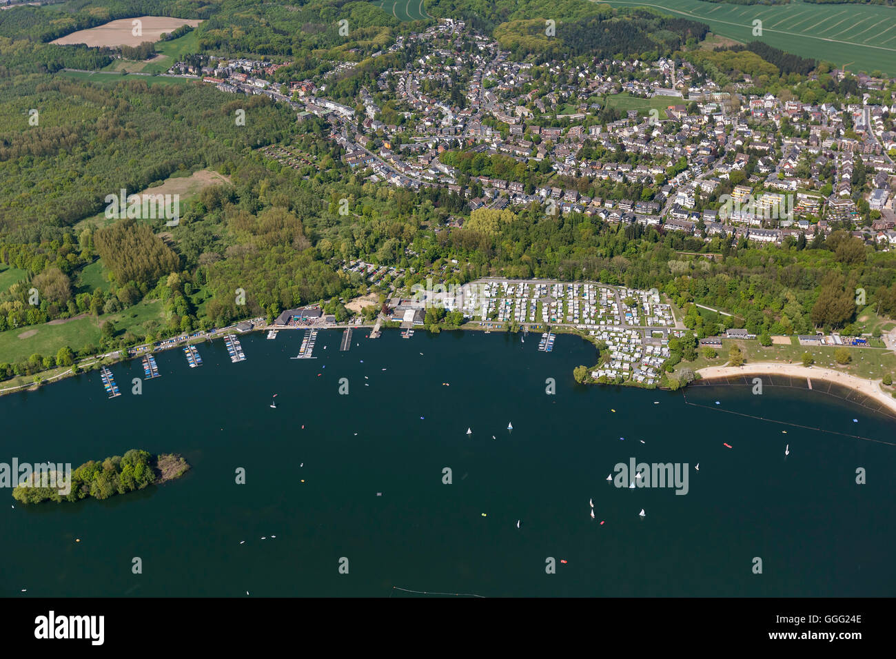 Aerial view, Lake Unterbach, Unterbach, Areas of Dusseldorf, Camping, Europe, Aerial view, birds-eyes view, Stock Photo