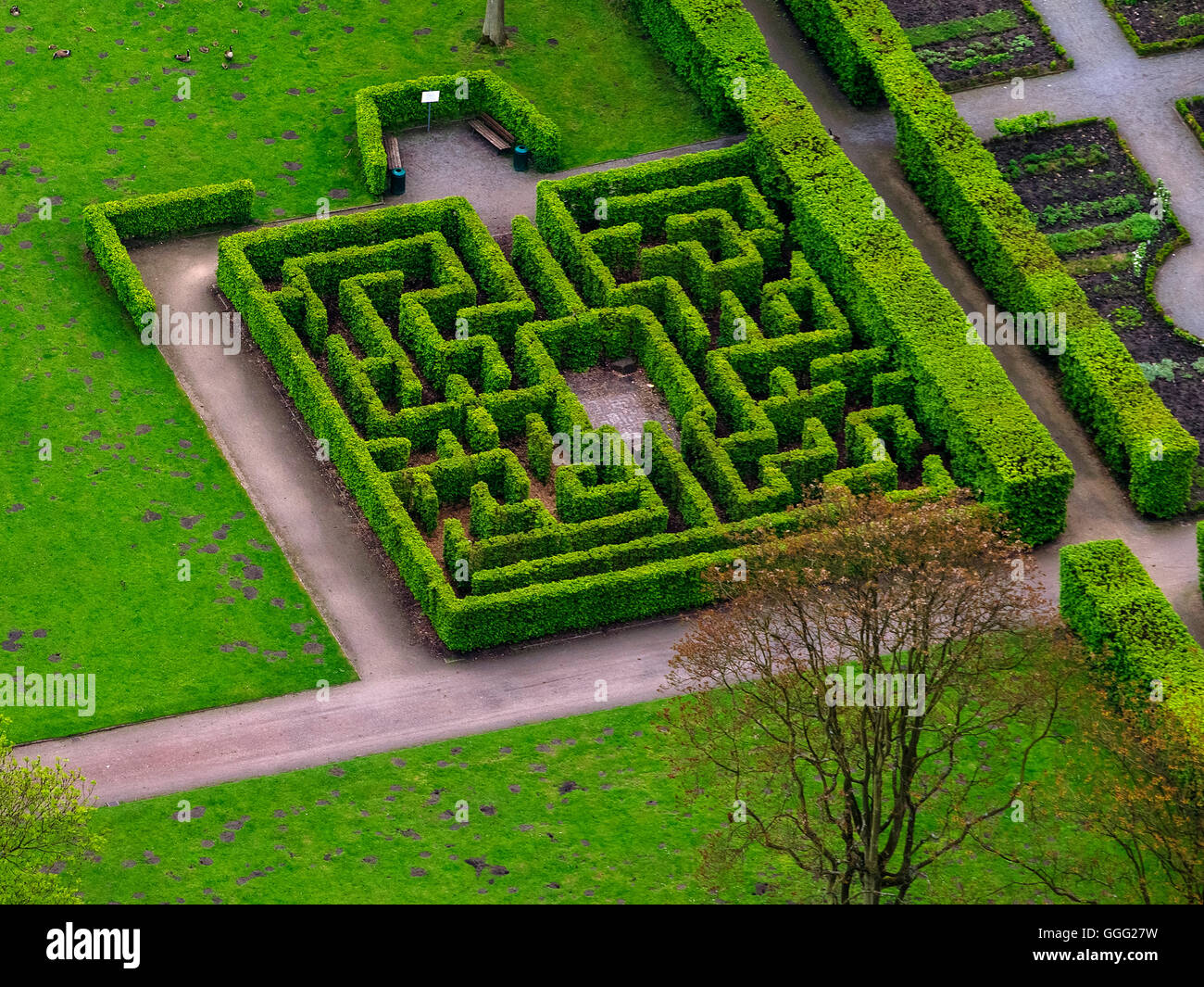 Aerial view, water castle, Schloss Berge with Castle Park and Labyrinth, Aerial view of Gelsenkirchen-Buer, Buer Alley, Ruhr Stock Photo