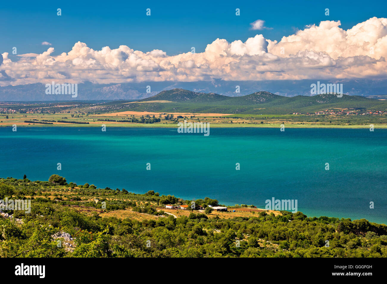 Vransko lake and landscape aerial view, Dalmatia, Croatia Stock Photo