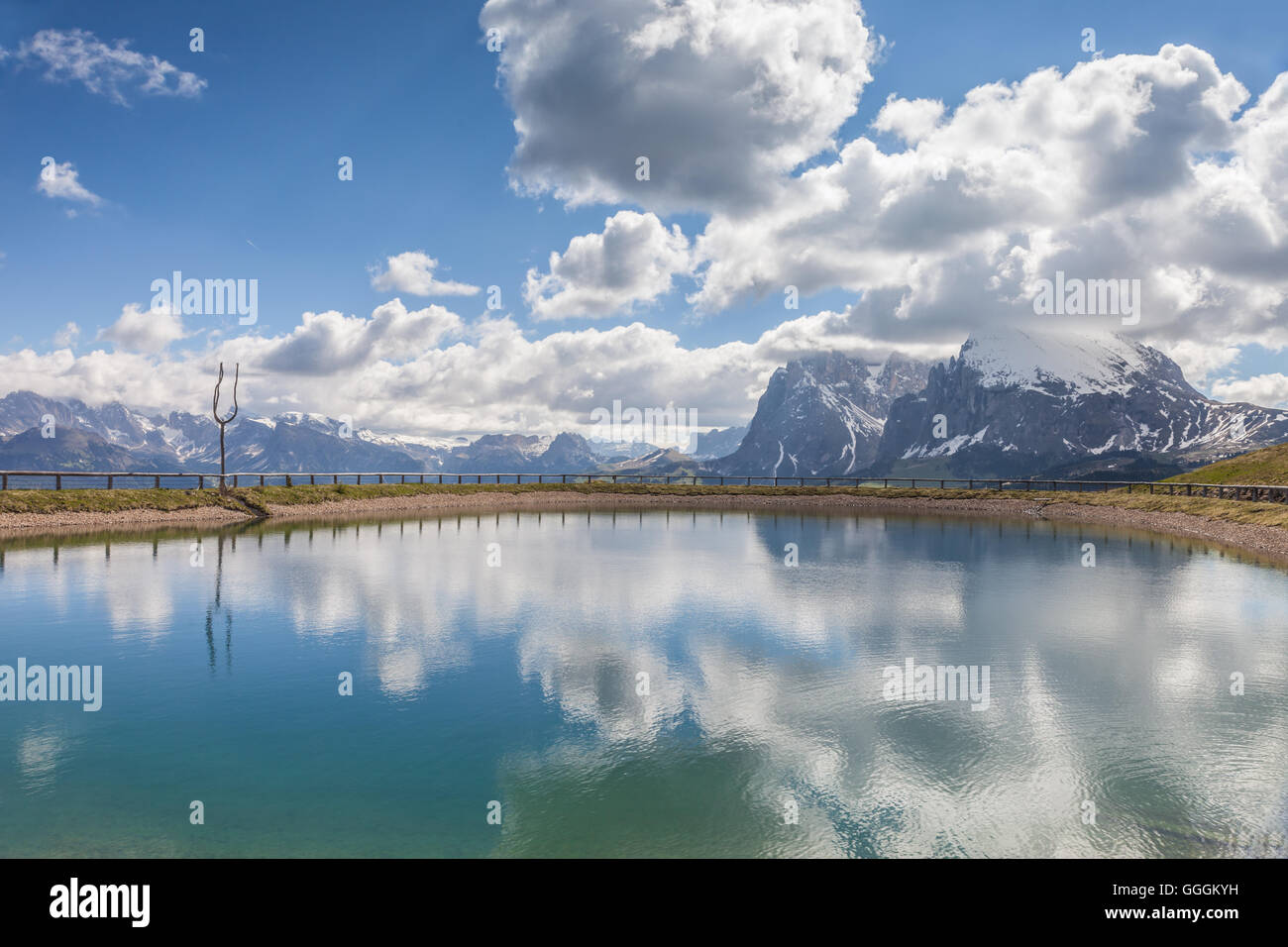 geography / travel, Italy, South Tyrol, tarn on the Seiser mountain pasture with view to the Plattkofel (2969 m), Additional-Rights-Clearance-Info-Not-Available Stock Photo