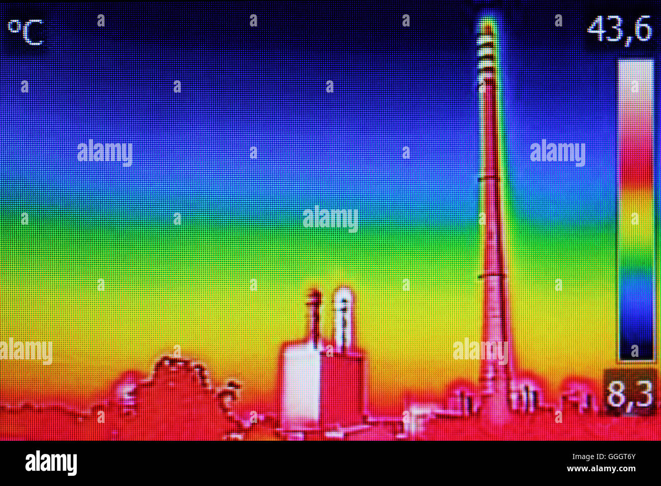 Infrared thermography image showing the heat emission at the Chimney of energy station Stock Photo