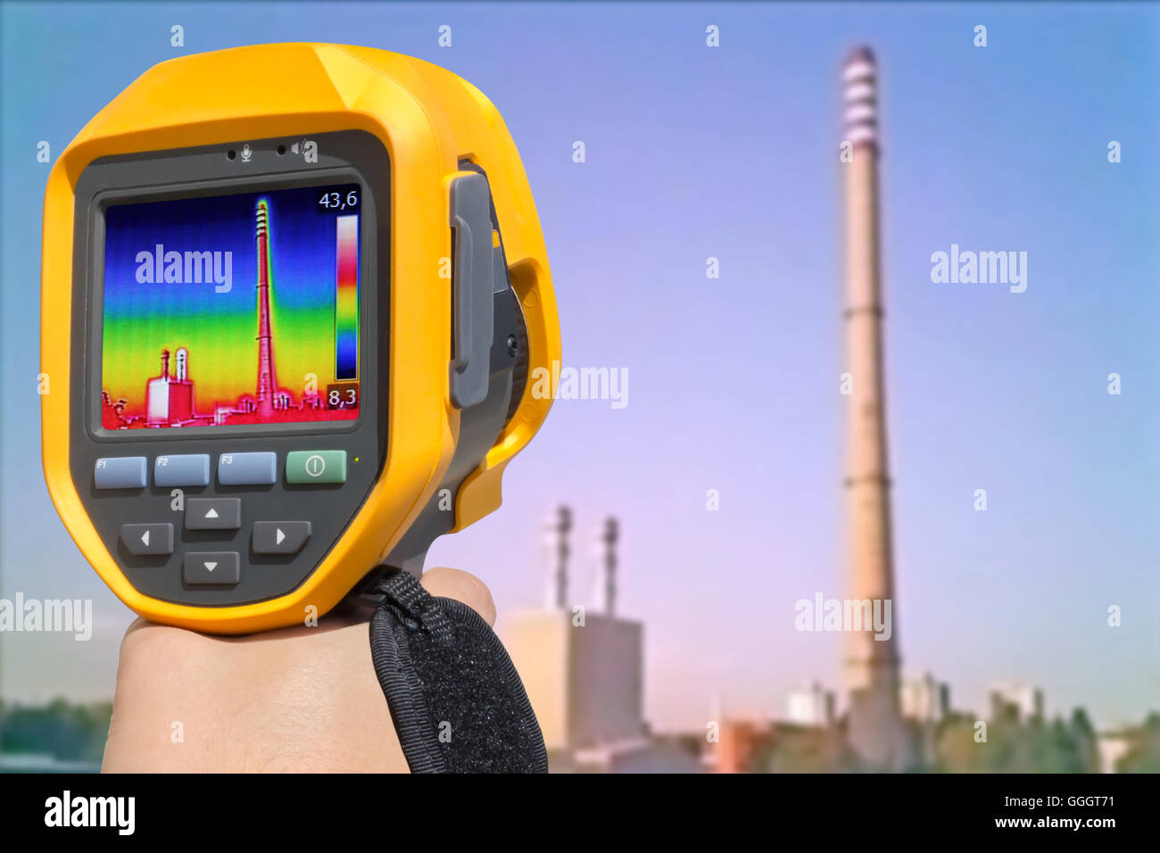 Record heat emission at the Chimney of energy station with infrared thermal cameras Stock Photo