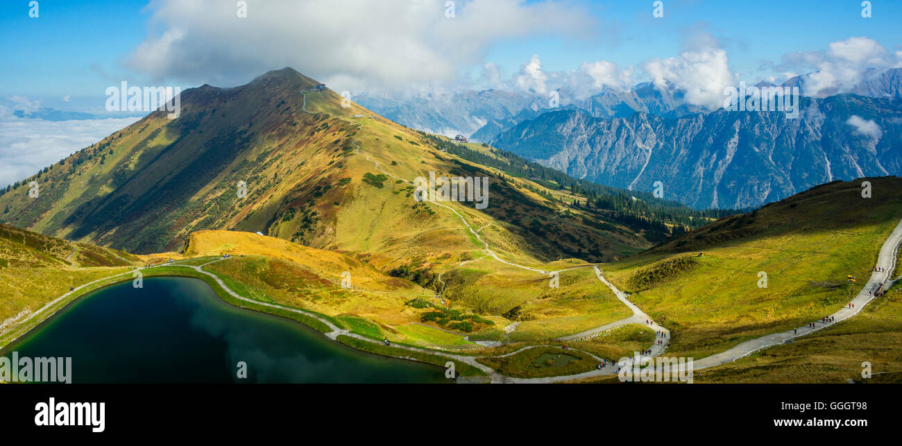 geography / travel, Germany, Bavaria, imitately lay out sea, snow pond, dine the snow making machines which the ski runs of the Fellhorn (peak)- and Kanzelwand aerial cableway completely covering with artificial snow, behind it the Fellhorn (peak), 8m, Allgaeu Alps, panorama, Freedom-Of-Panorama Stock Photo