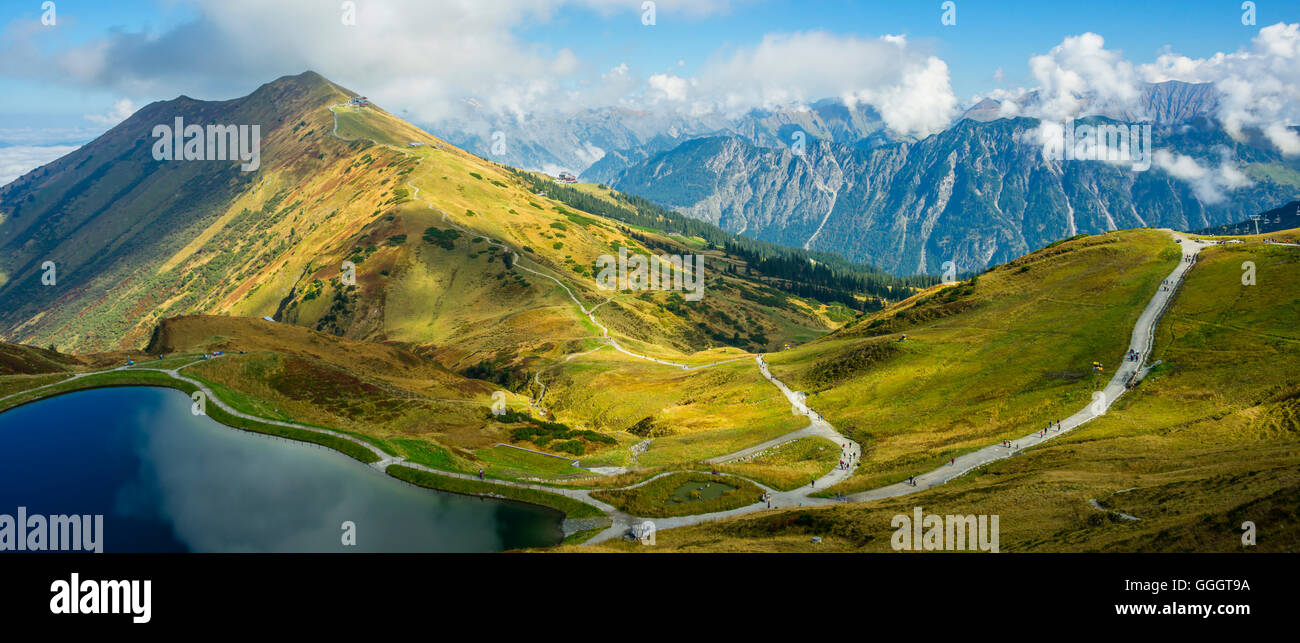 geography / travel, Germany, Bavaria, imitately lay out sea, snow pond, dine the snow making machines which the ski runs of the Fellhorn (peak)- and Kanzelwand aerial cableway completely covering with artificial snow, behind it the Fellhorn (peak), 8m, Allgaeu Alps, panorama, Freedom-Of-Panorama Stock Photo