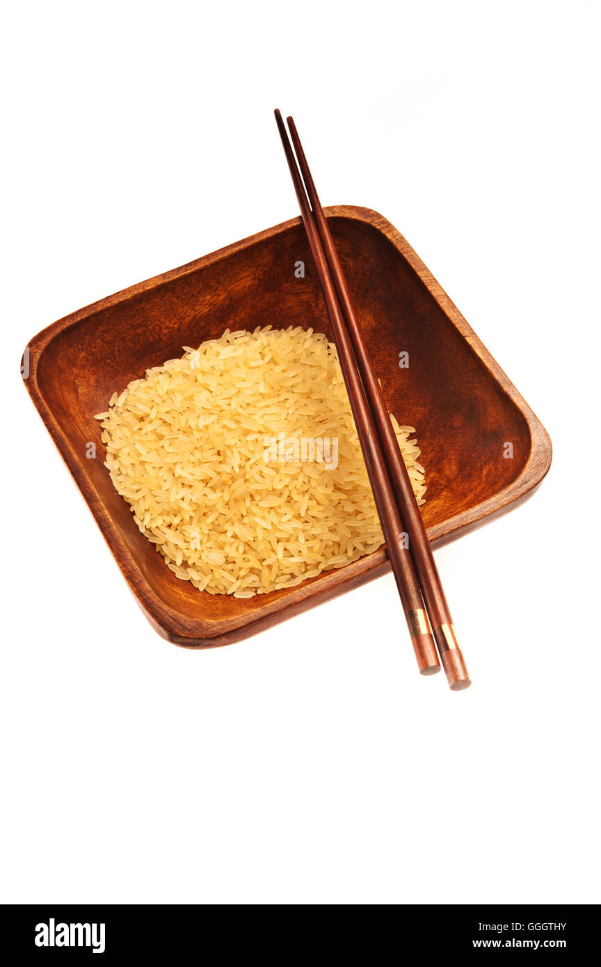 bowl, rice and chopsticks isolated Stock Photo