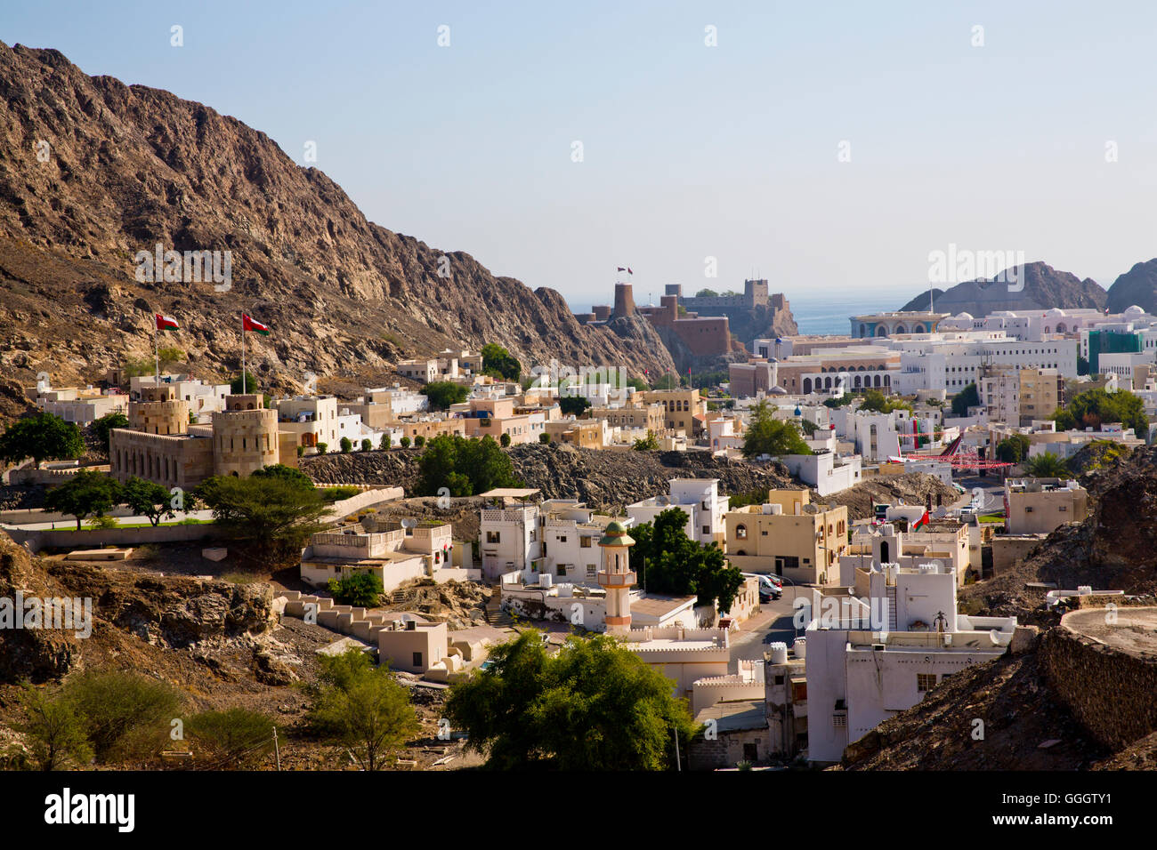 geography / travel, Oman, Sultanate of Oman, Muscat, view towards the old town of the old mountain pass road, Additional-Rights-Clearance-Info-Not-Available Stock Photo