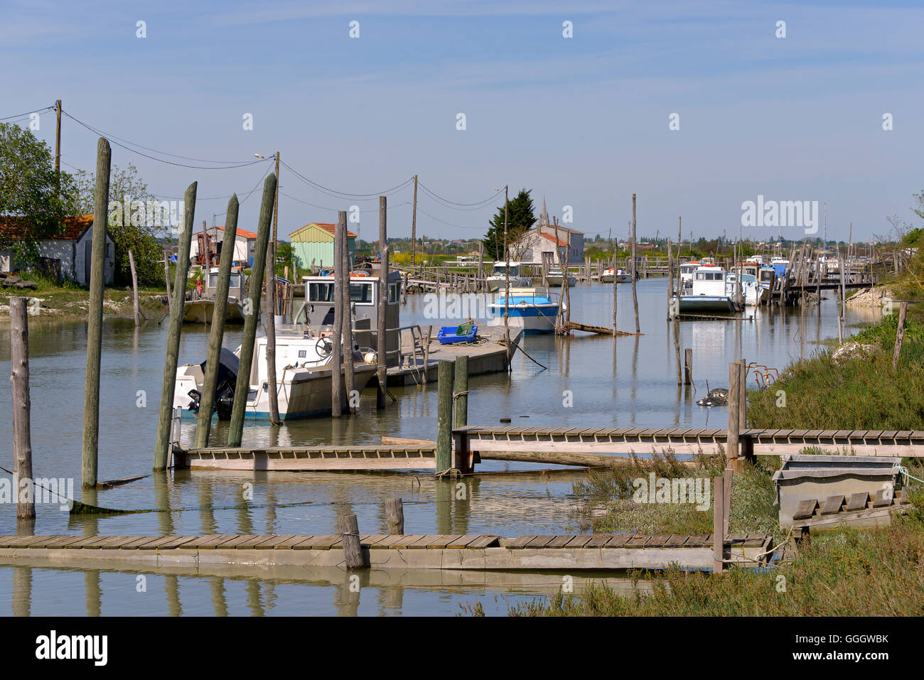 Oyster port on the river Seudre at La Cayenne, commune in the Charente-Maritime department in southwestern France. Stock Photo