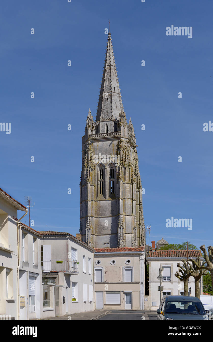 Bell tower of the Saint-Pierre church of Marennes, a commune in the Charente-Maritime department in southwestern France. Stock Photo