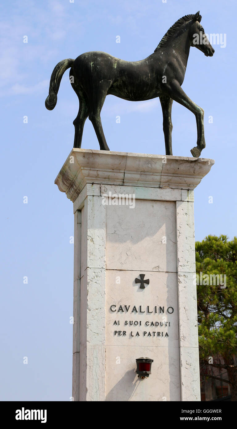 Statue of Little Horse with the italian written which means to the soldiers who died for the fatherland in the city called Caval Stock Photo