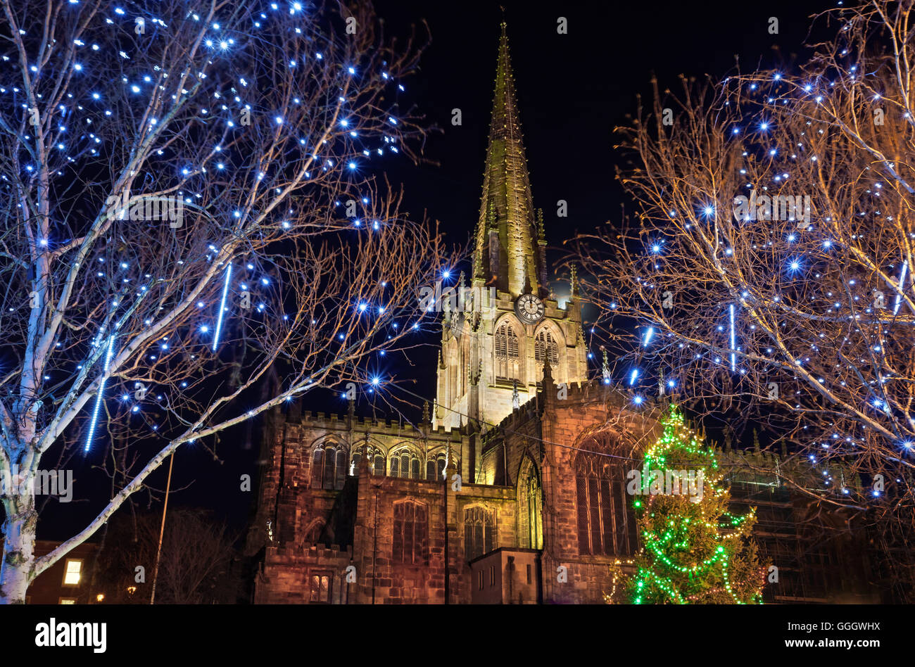 UK,South Yorkshire,Rotherham,All Saints Church and Christmas Illuminations Stock Photo