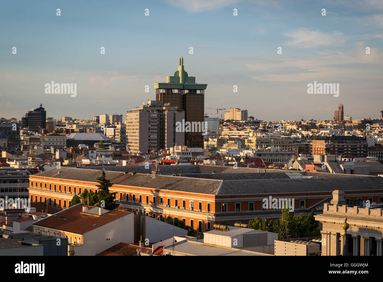 View of the skyline with Columbus Towers from the roof terrace of Círculo de Bellas Artes, Madrid, Spain Stock Photo