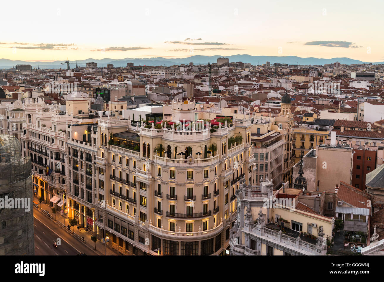 View of the skyline and buildings on Calle de Alcata, from the roof terrace of Círculo de Bellas Artes, Madrid, Spain Stock Photo