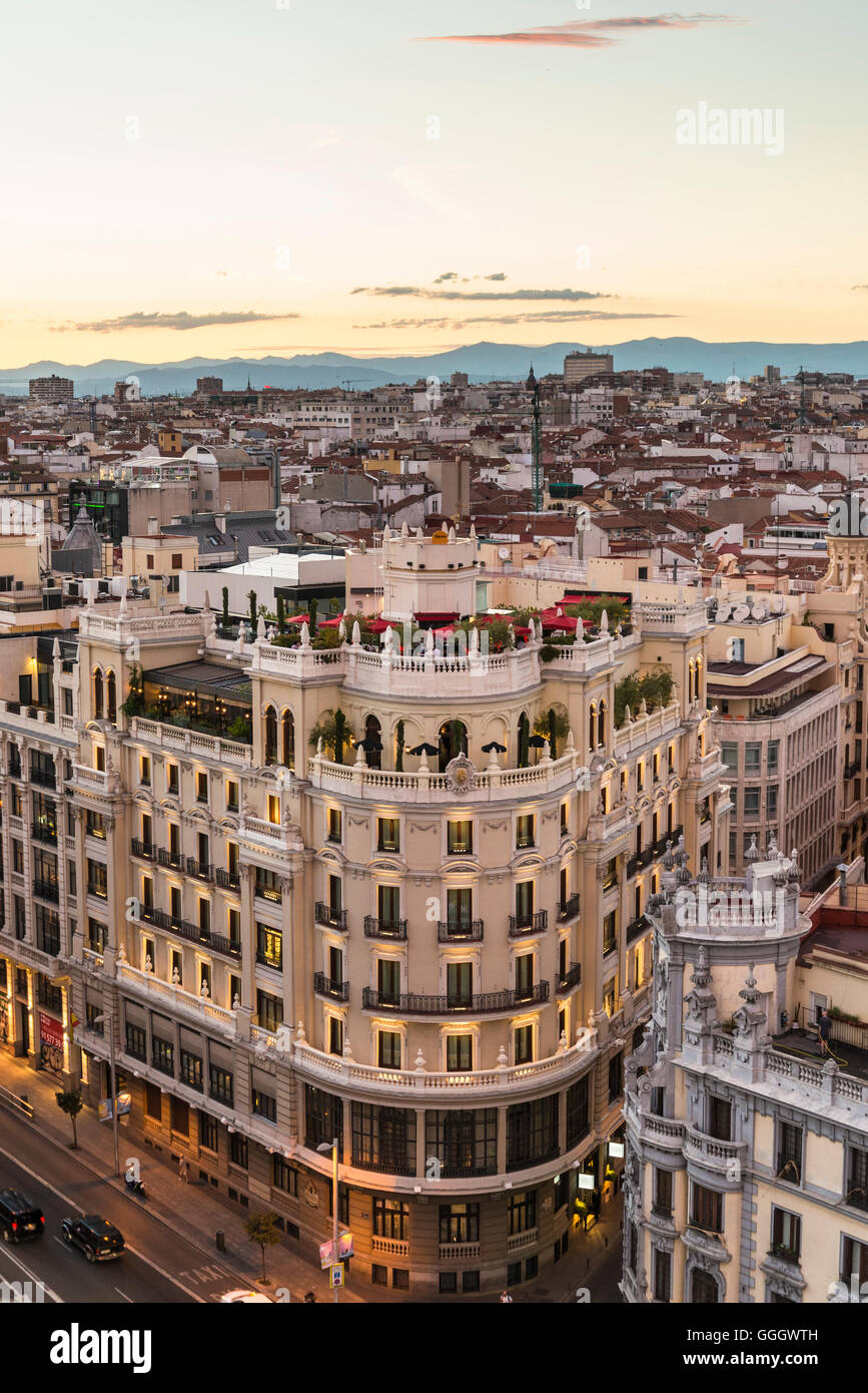View of the skyline and buildings on Calle de Alcata, from the roof terrace of Círculo de Bellas Artes, Madrid, Spain Stock Photo