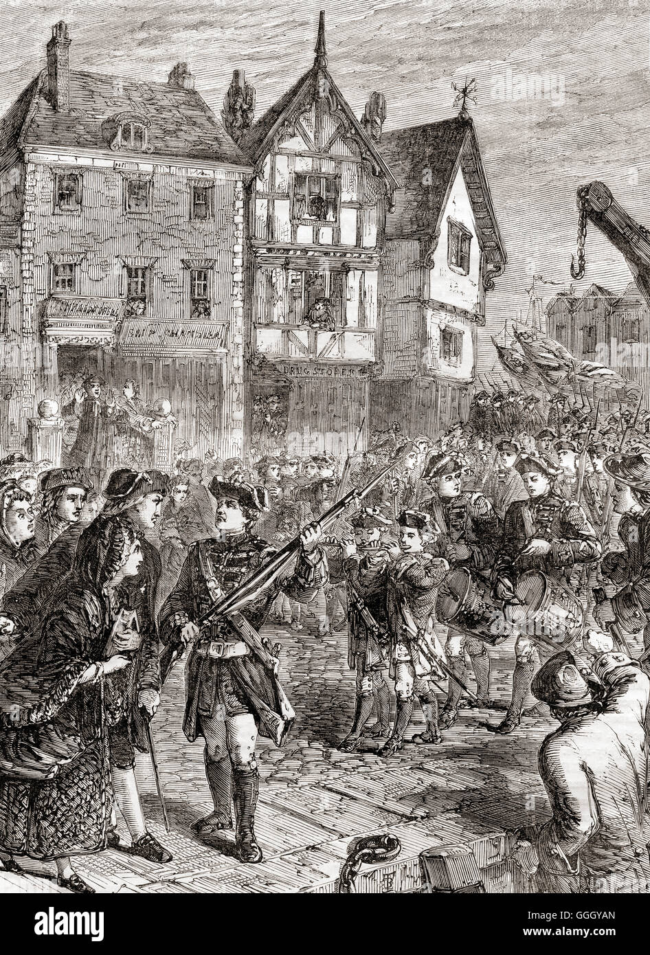 British soldiers enter Boston, America in 1768 to protect and support crown-appointed colonial officials attempting to enforce unpopular Parliamentary legislation. Stock Photo
