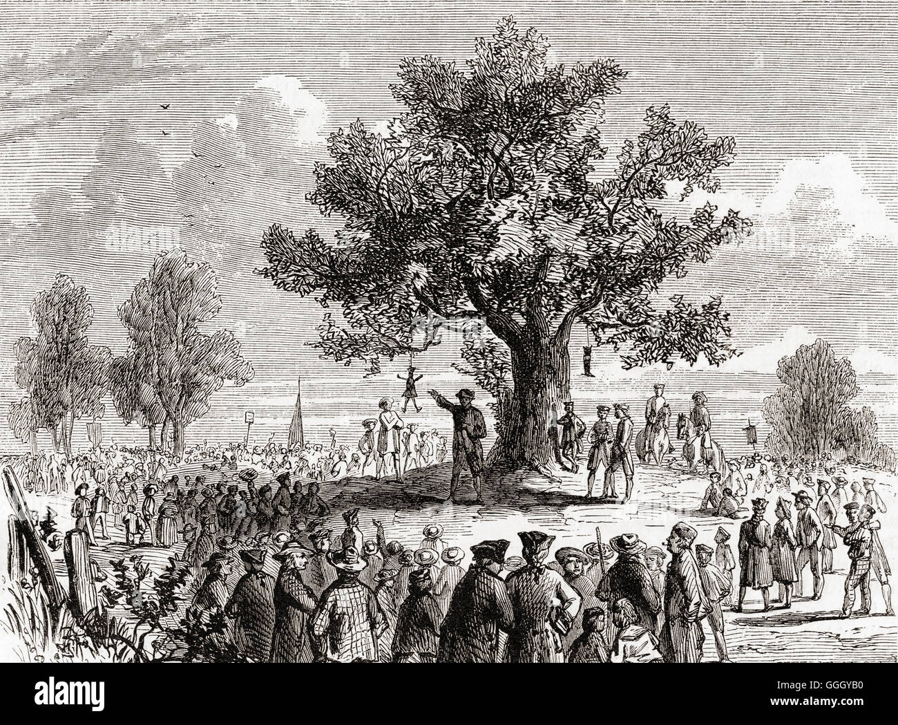 Colonists under The Liberty Tree, Boston, America in 1774. Stock Photo