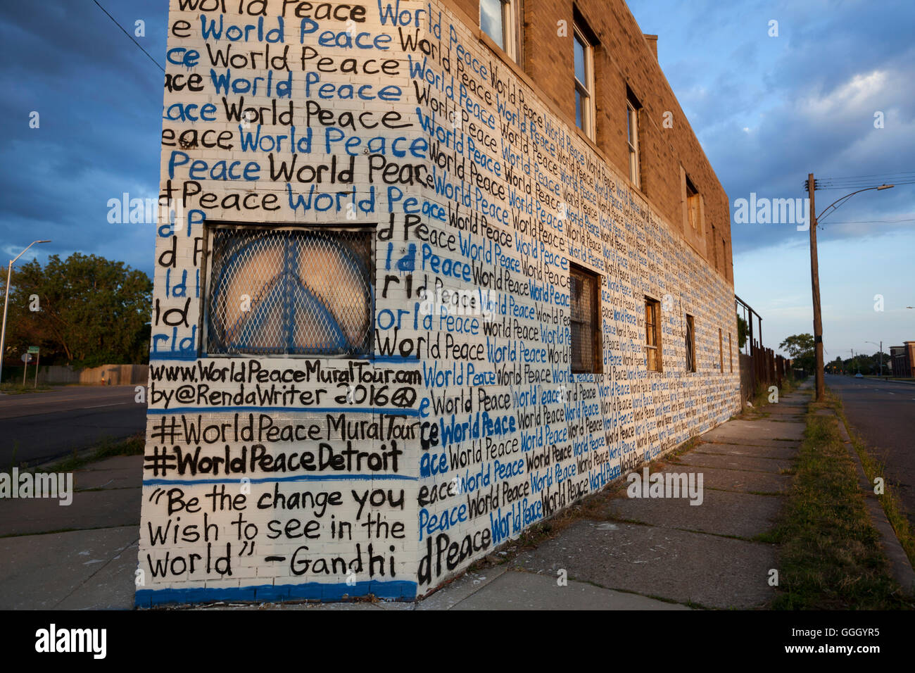 Detroit, Michigan - 'World Peace' decorates the walls of a vacant building. Painting is by Miami artist Renda Writer. Stock Photo