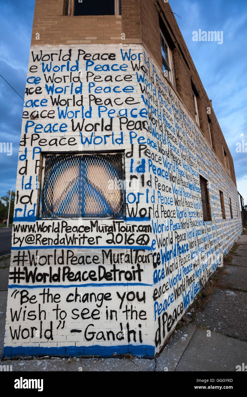 Detroit, Michigan - 'World Peace' decorates the walls of a vacant building. Painting is by Miami artist Renda Writer. Stock Photo