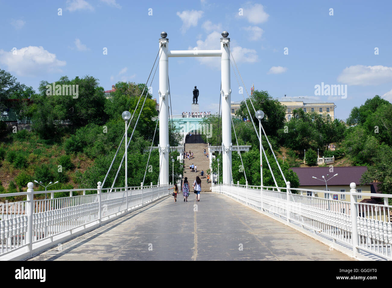 Orenburg, Russia- June 23, 2016 The pedestrians  bridge over the Ural river,  border between Europe and Asia, Stock Photo