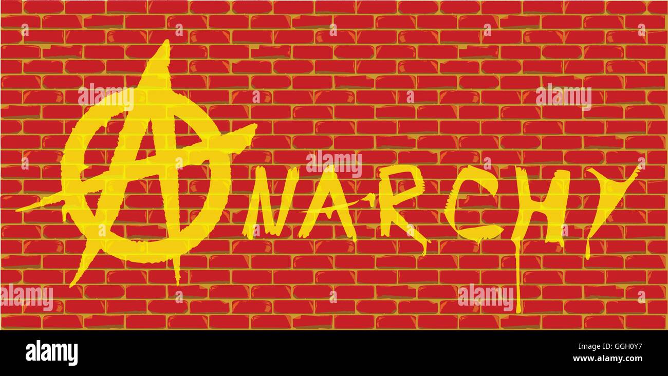 The word anarchy painted onto a red brick wall in yellow paint Stock Vector