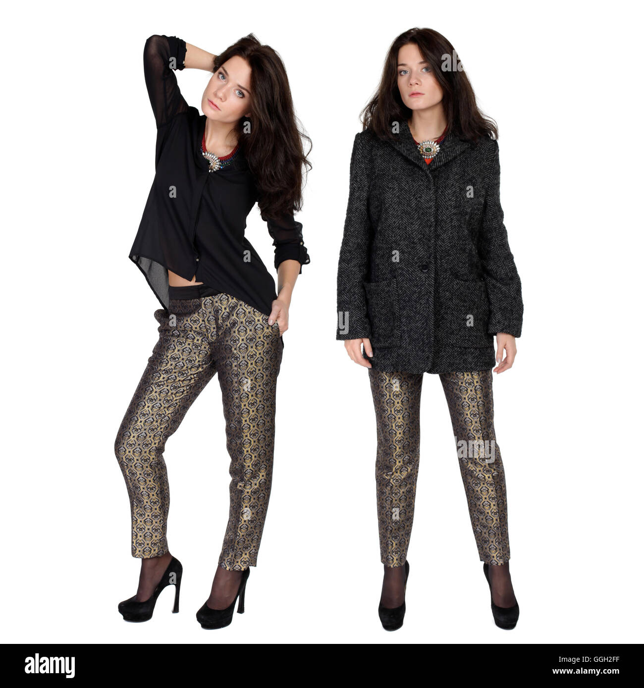 Fashion portrait of a girls in trousers and autumn coat Stock Photo - Alamy