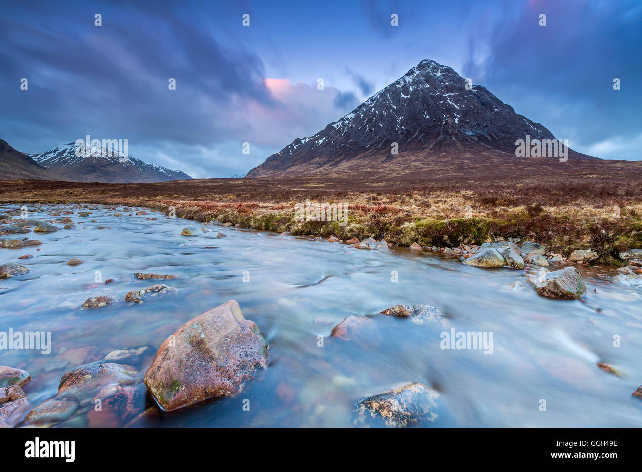 Buachaille Etive Mor and the River Coupall at Glen Etive, Highlands, Scotland, United Kingdom, Europe. Stock Photo