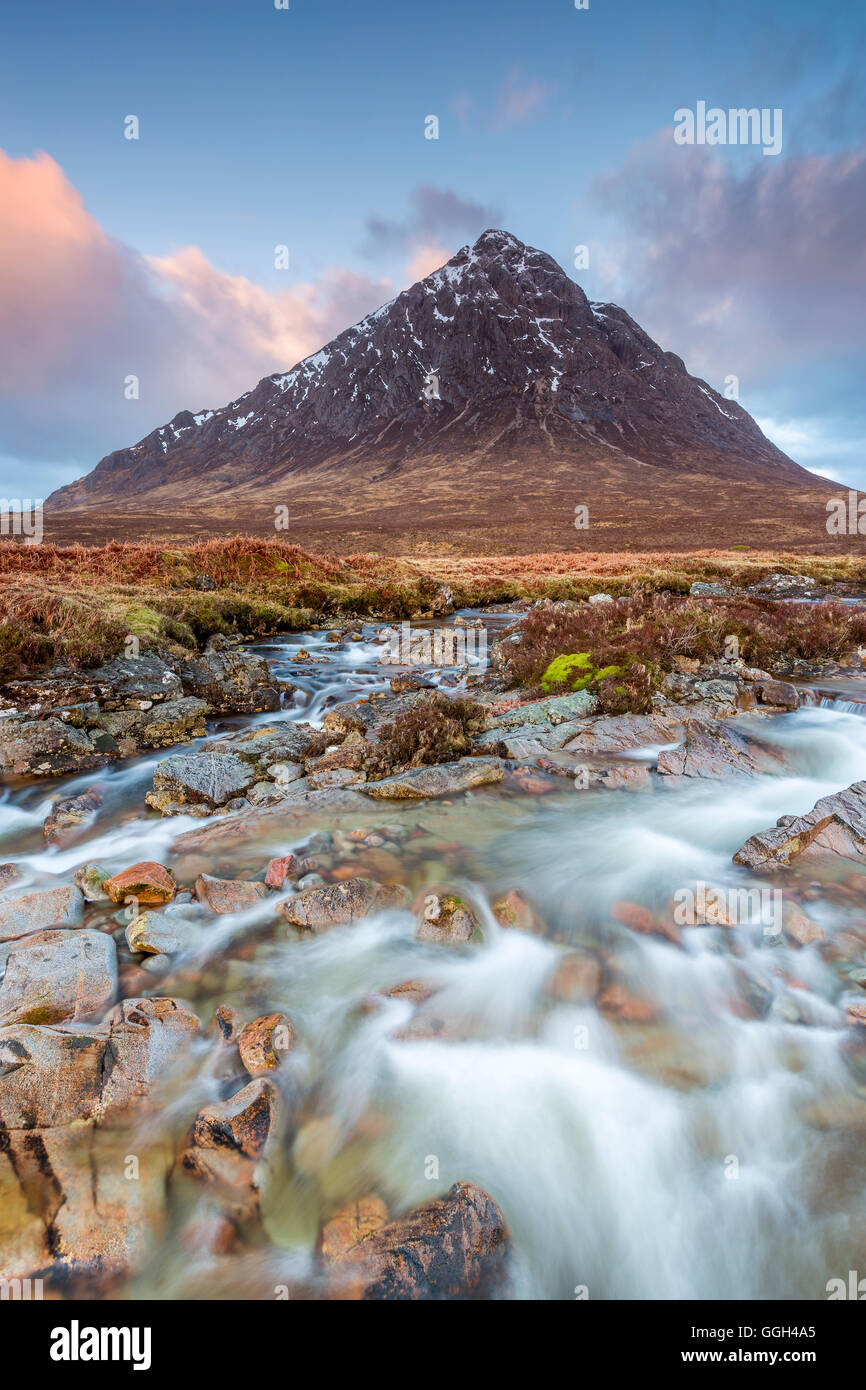 Buachaille Etive Mor and the River Coupall at Glen Etive, Highlands, Scotland, United Kingdom, Europe. Stock Photo