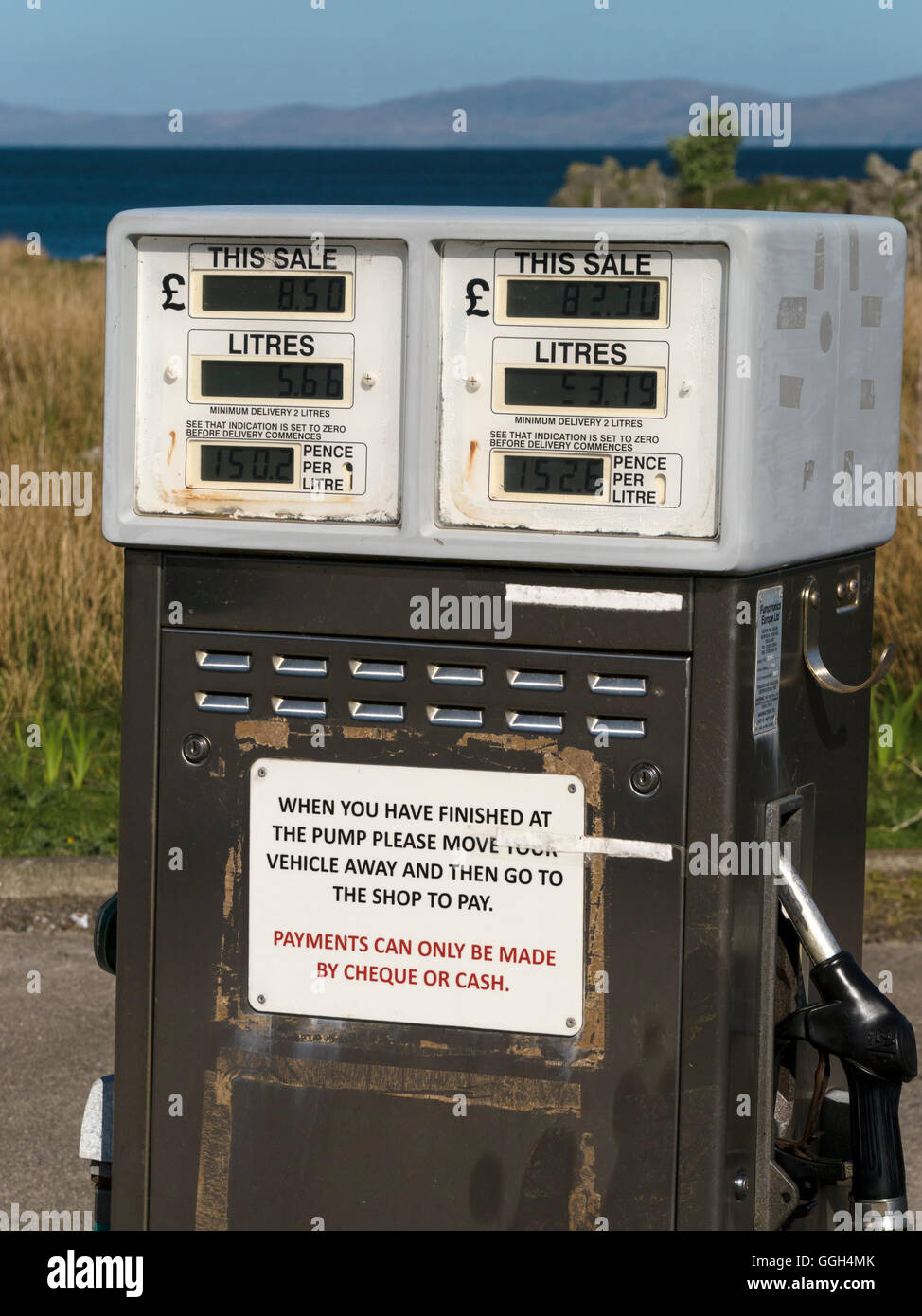Old petrol pump, Isle of Colonsay, Scotland, UK. Stock Photo