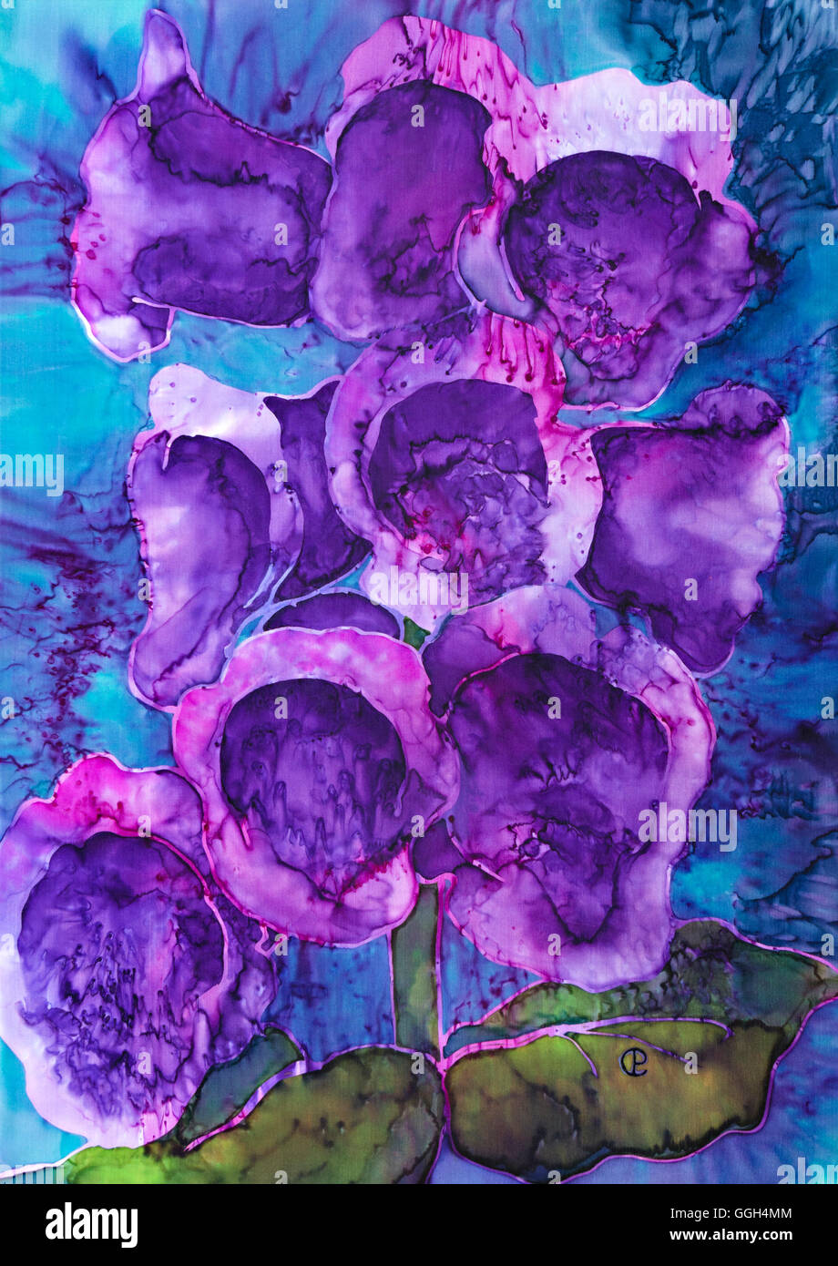 Photograph of silk painting of Foxglove flowers using steam fixed dyes by Paula Chapman. Stock Photo
