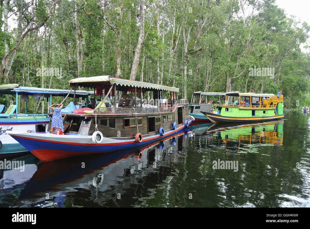 Klotok on Sekonyer river, Indonesia. Traditional river boat used to navigate the waters of Indonesia. Fitted with inboard or out Stock Photo