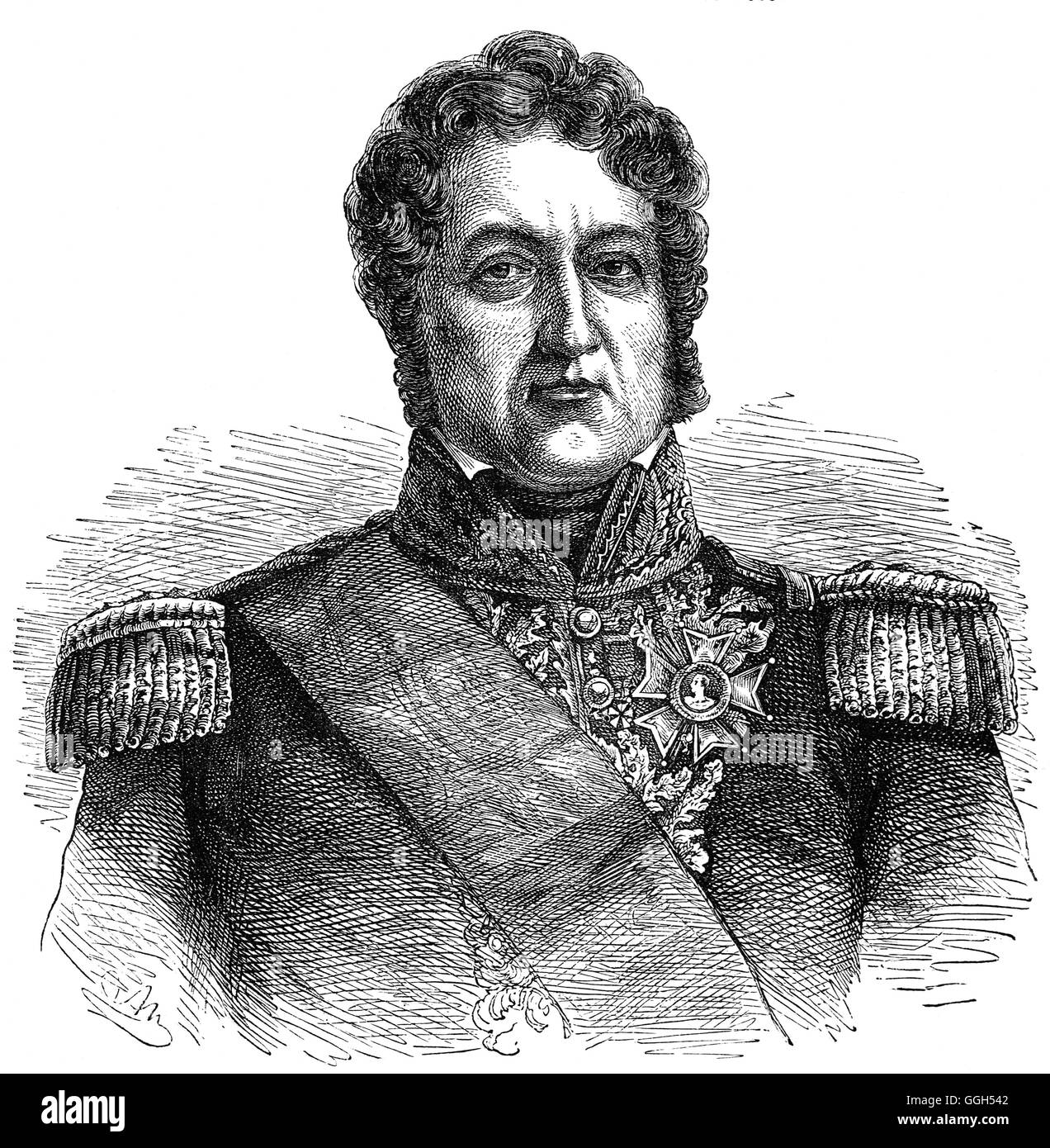 Louis Philippe I (1773 – 1850) was King of France from 1830 to 1848 as the leader of the Orléanist party. He was a cousin of King Louis XVI of France and had earlier found it necessary to flee France during the period of the French Revolution in order to avoid imprisonment and execution. After 21 years in exile he was proclaimed king in 1830 after his cousin Charles X was forced to abdicate in the wake of the events of the July Revolution of that year. Stock Photo