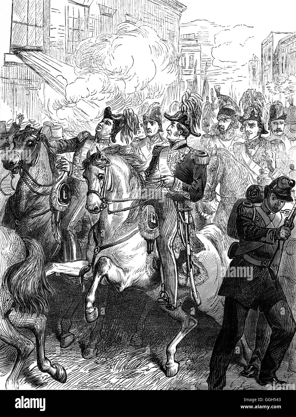 On 28 July 1835, King Louis Philippe survived an assassination attempt during the king's annual review of the Paris National Guard commemorating the revolution.  Giuseppe Mario attacked the procession with a self built weapon,  that later became known as the Machine infernale, that consisted of 25 gun barrels fastened to a wooden frame that could be fired  simultaneously. A ball only grazed the King's forehead, but 18 people were killed. Stock Photo