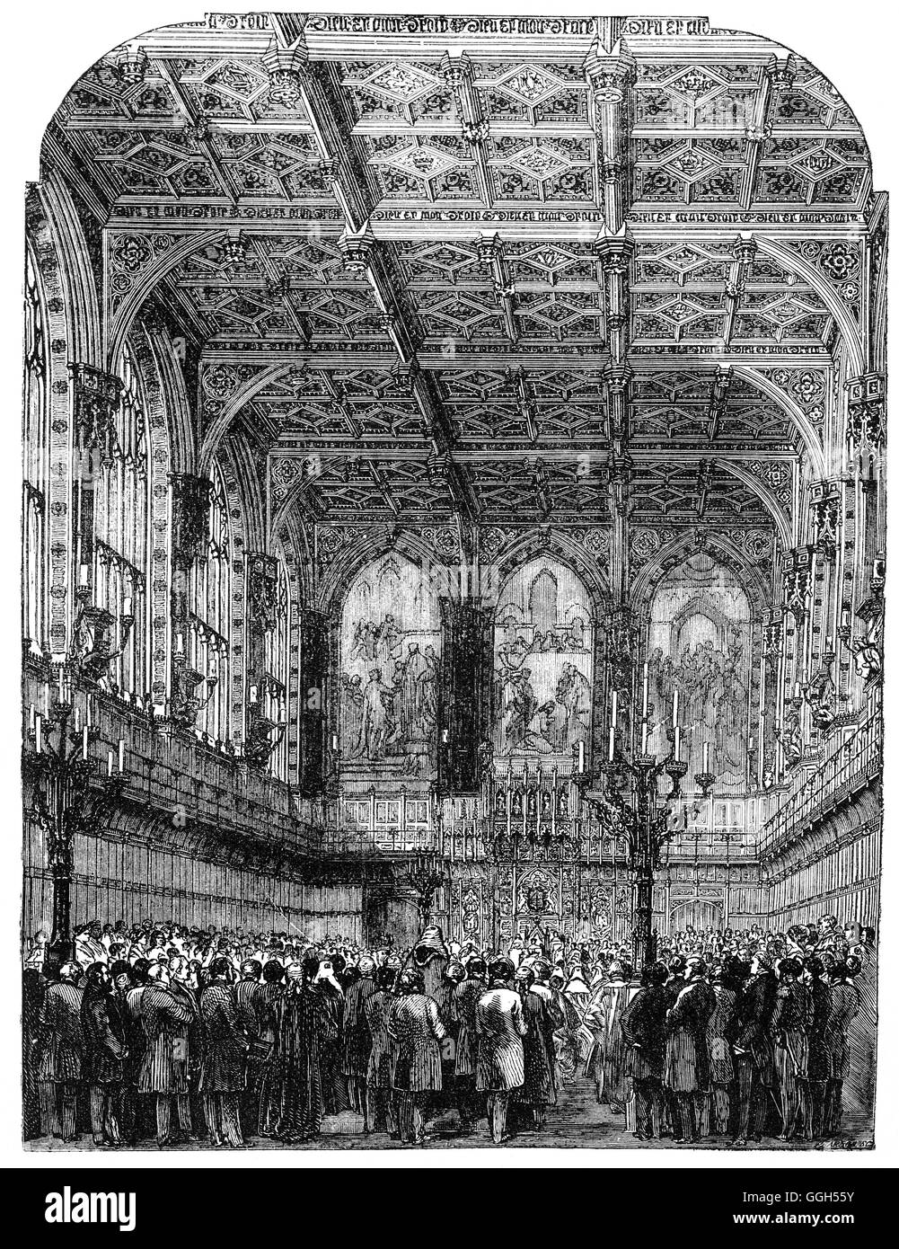 Interior of the House of Lords, built in the perpendicular Gothic style, was designed by architect Sir Charles Barry. The construction of the new palace began in 1840 after the Houses of Parliament were destroyed by fire in 1834. Stock Photo