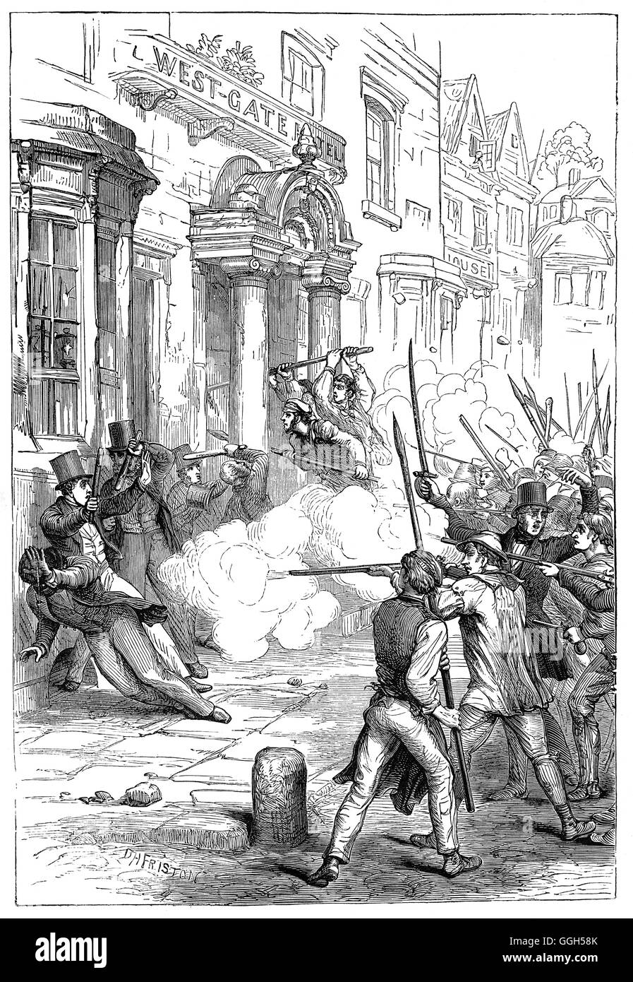 The Newport Rising was the last large-scale armed rebellion against authority in Great Britain, and one of the largest civil massacres committed by the British government in the 19th century.  On 4 November 1839, almost 10,000 Chartist sympathisers, including many coal-miners to liberate fellow Chartists who were reported to have been taken prisoner in the Westgate Hotel in Newport, Monmouth. About 22 of the unarmed demonstrators were killed when troops opened fire on them. The leaders of the rebellion were sentenced to a traitor's death, later commuted to transportation for life. Stock Photo