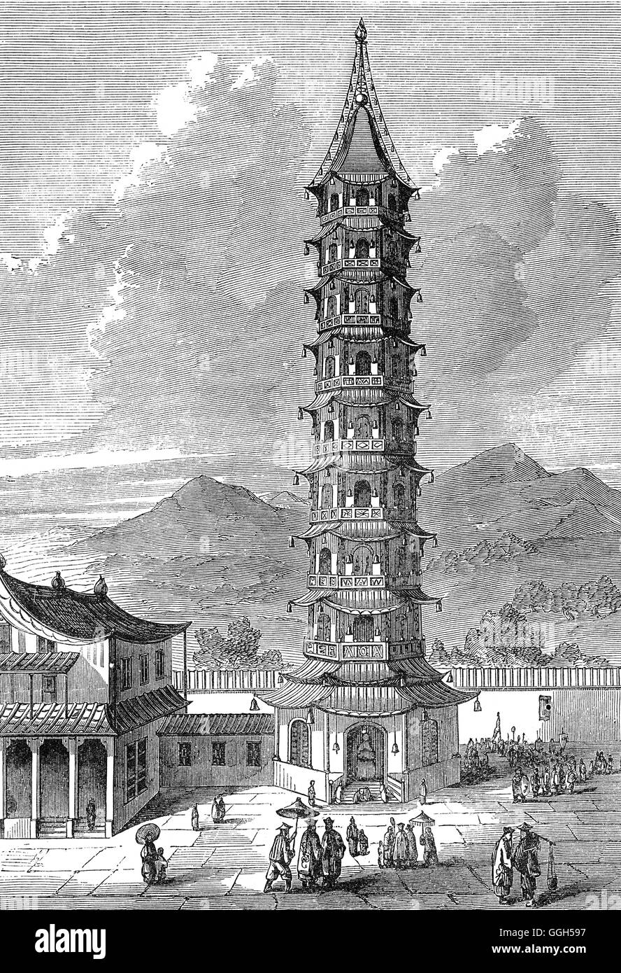 The Porcelein Tower of Nanjing, designed during reign of the Yongle Emperor in the 15th Century.   In the 1850s,  the Taiping Rebellion reached Nanjing, formerly Nanking and Nankin, and the rebels took over the city where they smashed Buddhist images and destroyed the tower either in order to prevent a hostile faction from using it to observe and shell the city or from superstitious fear of its geomantic properties Stock Photo