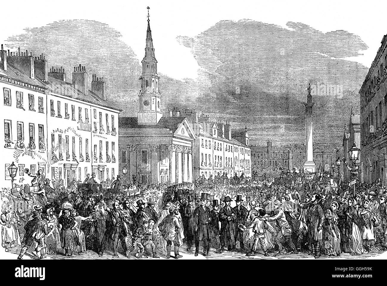 Procession of seceding ministers from St Andrews Church in Edinburgh, Scotland during the Disruption of 1843. Fuelled by increasing concern and resentment about the Civil Courts' infringements on the liberties of the Church of Scotland, around one third of the ministers present at the annual church's General Assembly walked out, cheered by onlookers outside, and constituted the Free Church of Scotland. Stock Photo