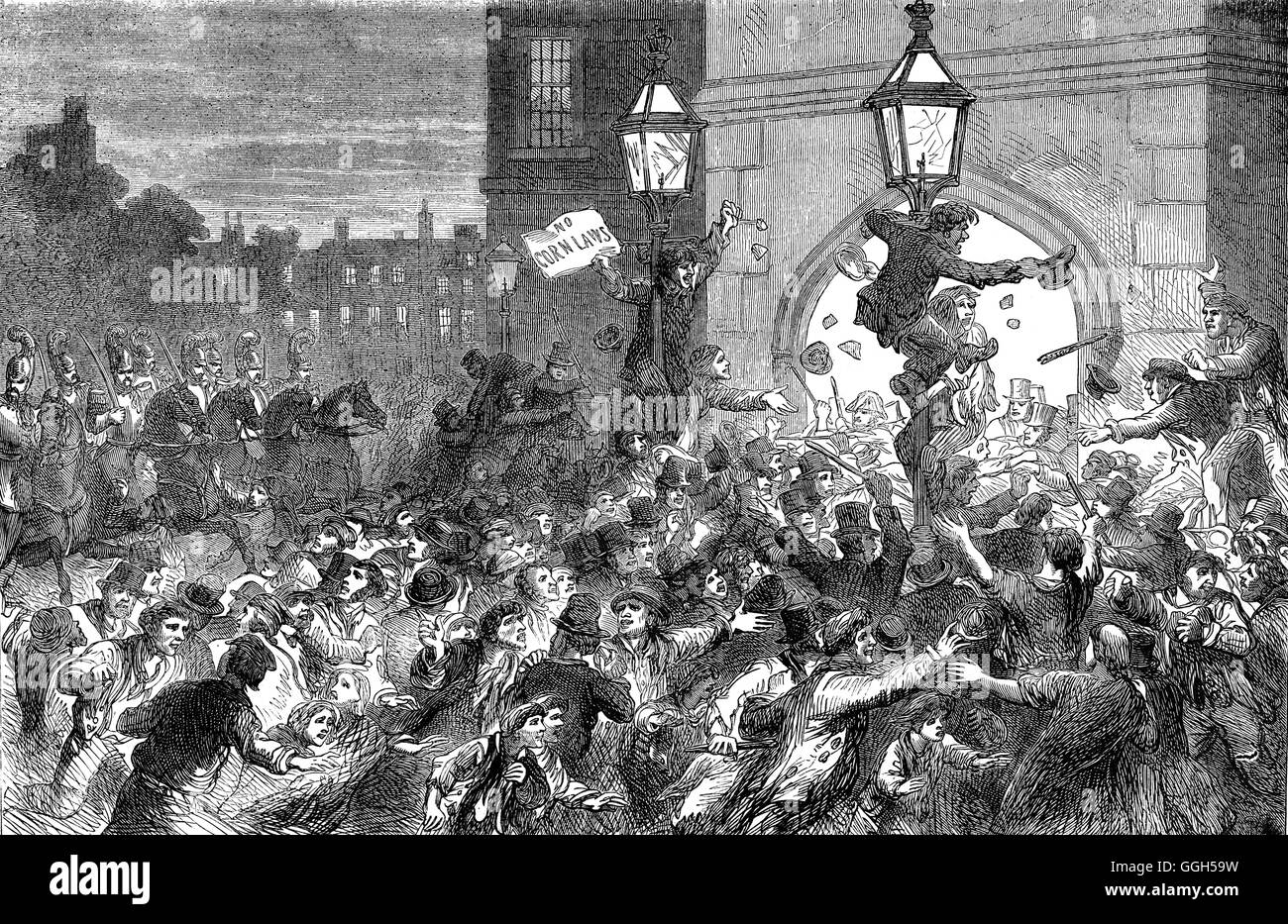 Bread riot at the entrance to the House of Commons in 1815 as a result of the Corn Laws. These  measures were  enforced in the United Kingdom between 1815 and 1846, which imposed restrictions and tariffs on imported grain. They were designed to keep grain prices high to favour domestic producers. Stock Photo