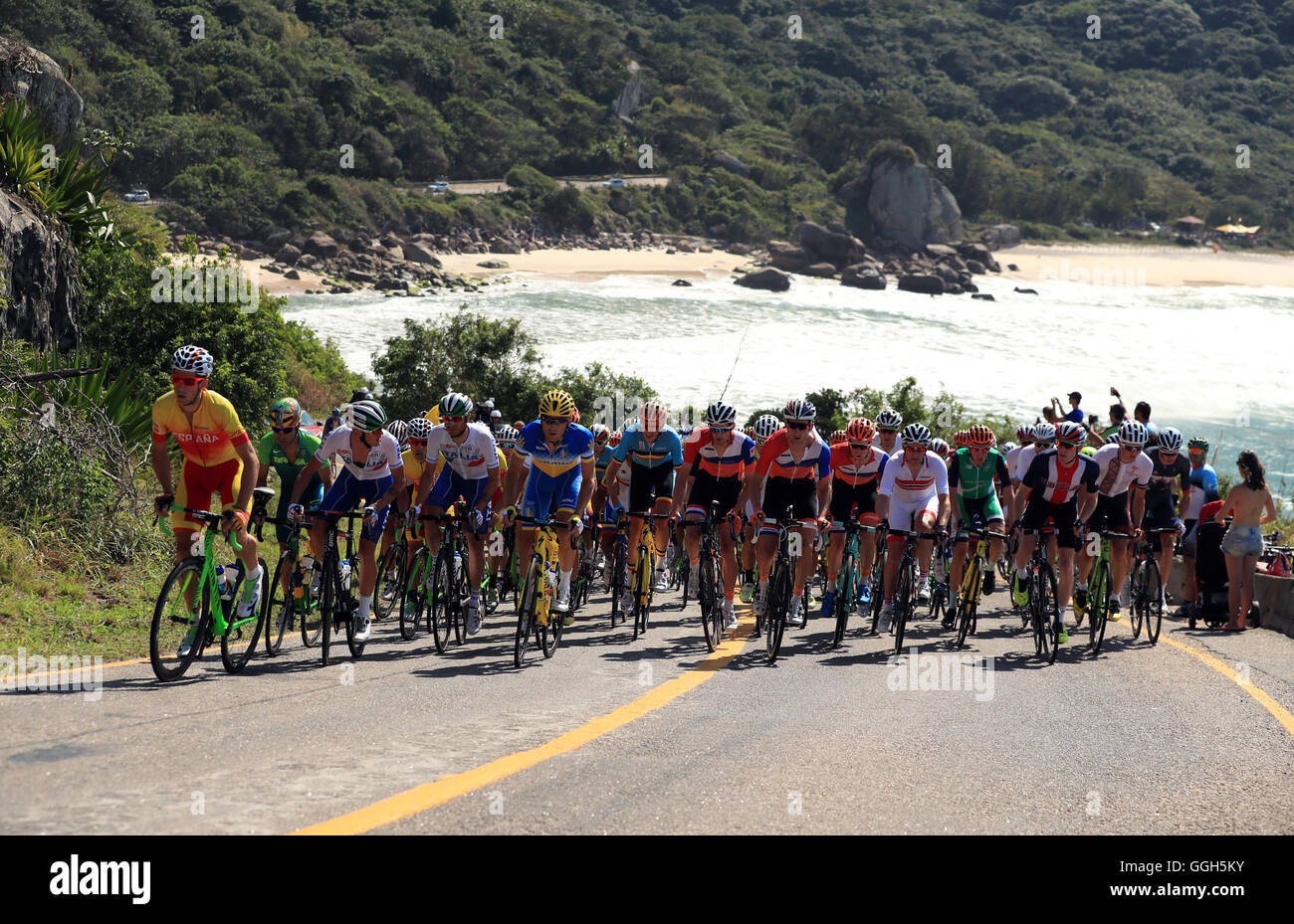 The Peloton in action during the Men's Road race which takes place on